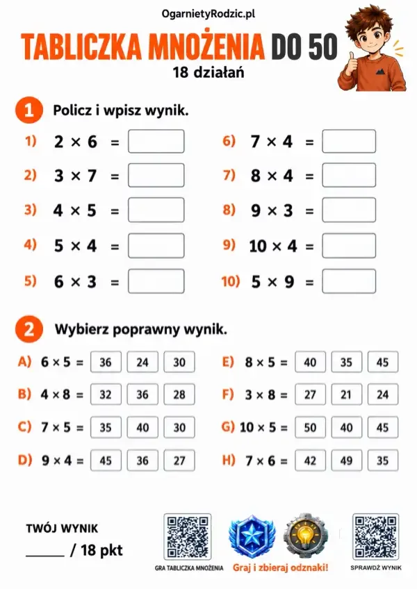 Tabliczka mnożenia do 50 - karta pracy z 18 działaniami i zadaniami wyboru